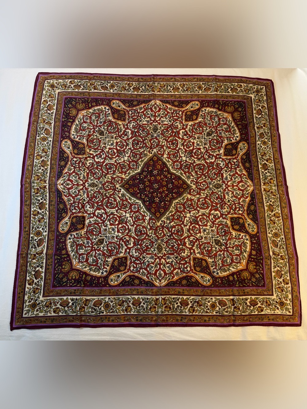Oscar De La Renta Burgundy and Goldenrod Square Scarf 25”x25” - Picture 3 of 7